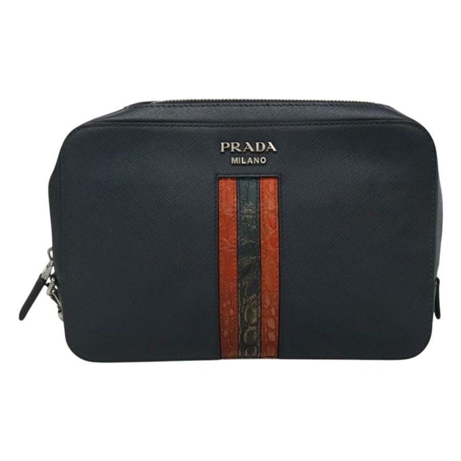 【日本直送】PRADA 手拿包 Safiano 皮革 海軍藍 銀色 正品 BD1408-12
