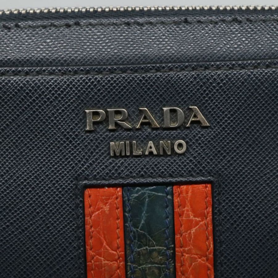 【日本直送】PRADA 手拿包 Safiano 皮革 海軍藍 銀色 正品 BD1408-18