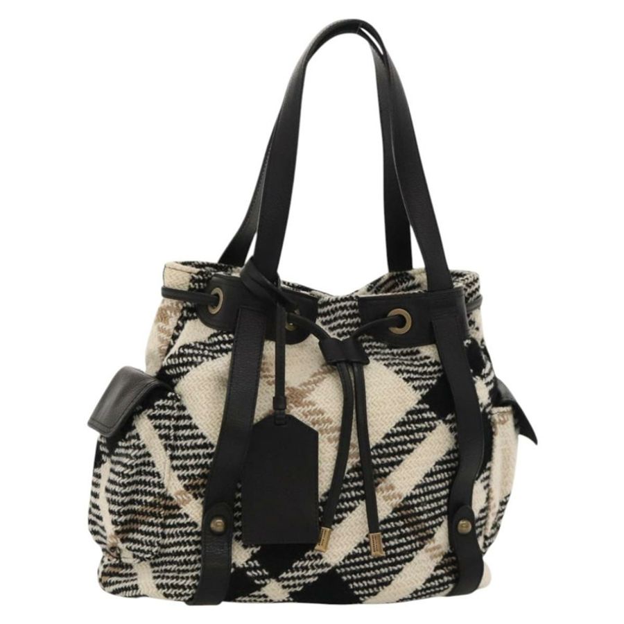 【日本直送】BURBERRY Nova Check Blue Label 托特包 羊毛 白色 金色 Auth BD1813-0