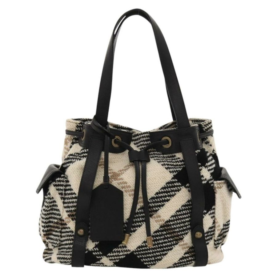 【日本直送】BURBERRY Nova Check Blue Label 托特包 羊毛 白色 金色 Auth BD1813-12