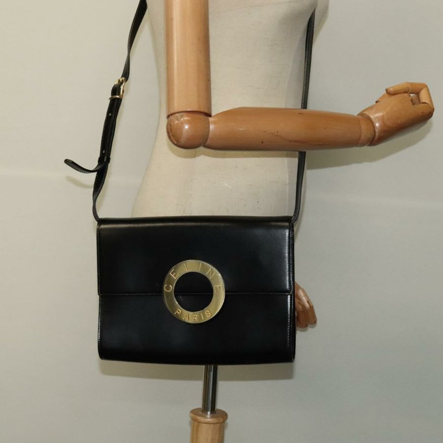 【日本直送】CELINE 圓背包,黑色皮革,金色,正品 118035-19