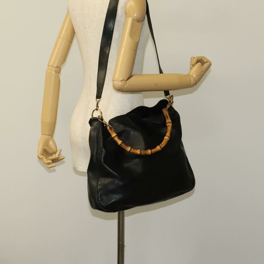 【日本直送】GUCCI 竹節手提包 皮革 黑色 金色 001 2058 1577 0 Auth 118294-20