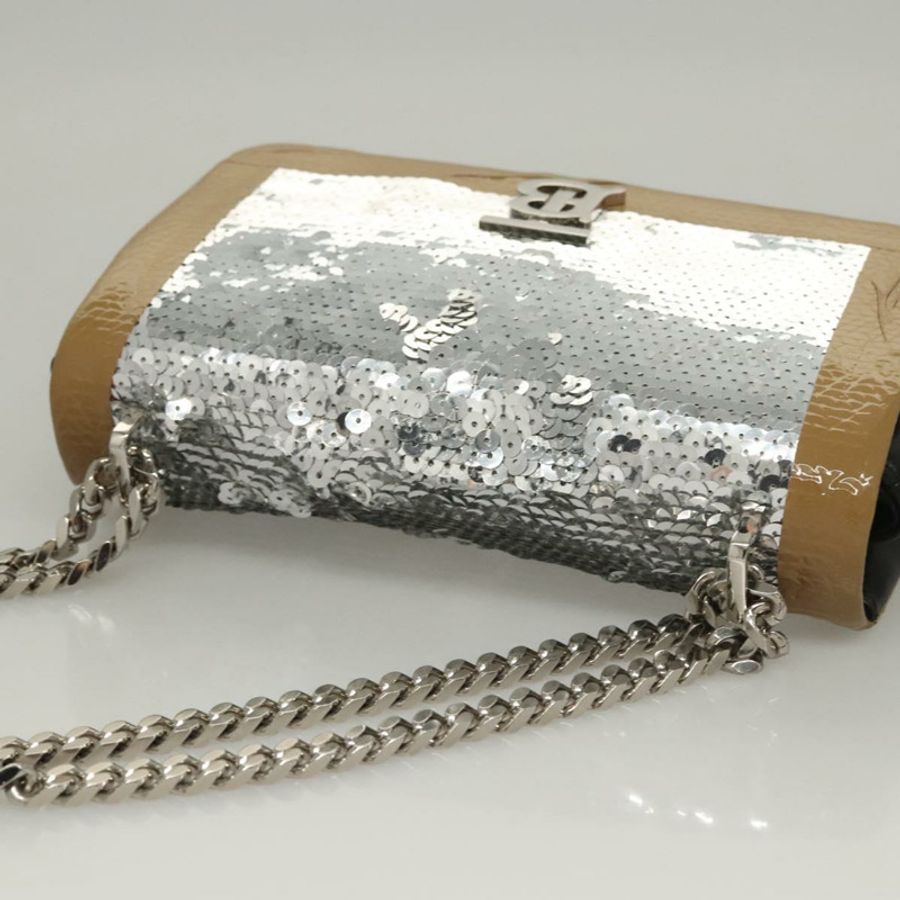 【日本直送】BURBERRY 亮片鏈條單肩包 皮革 銀色 正品 BA1535-5