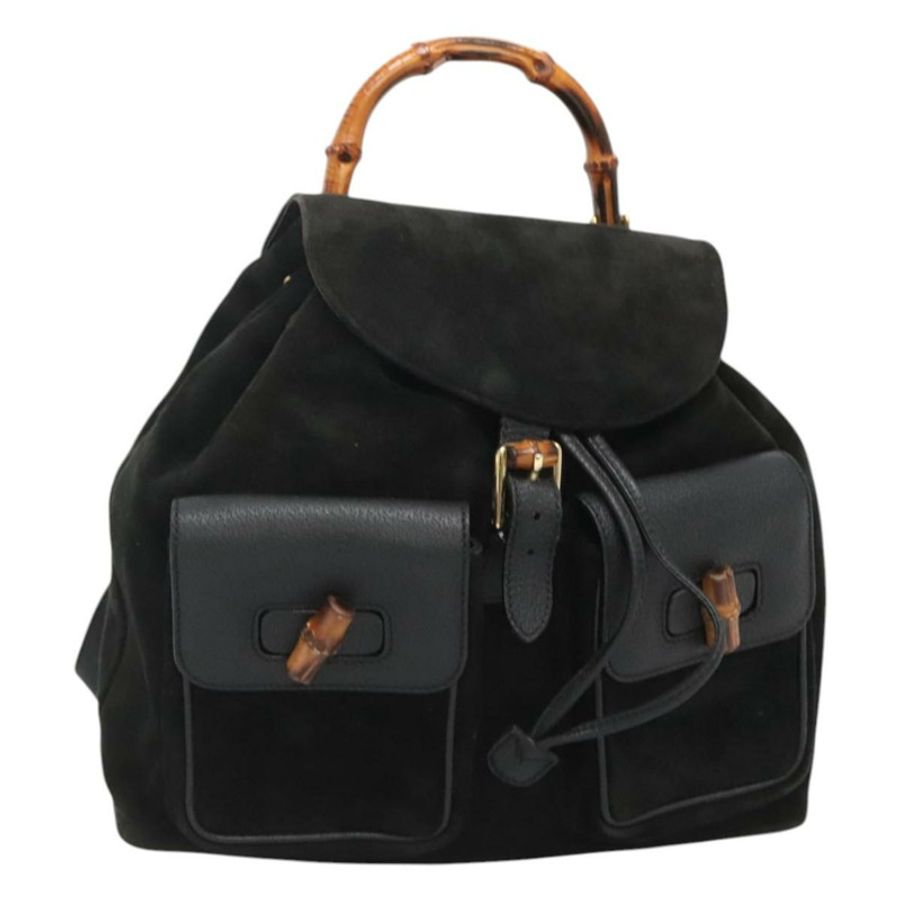 【日本直送】GUCCI 竹編雙肩包 絨面革 黑色 金色 正品 120117-0