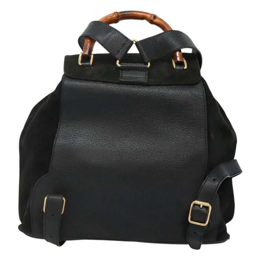 【日本直送】GUCCI 竹編雙肩包 絨面革 黑色 金色 正品 120117-1