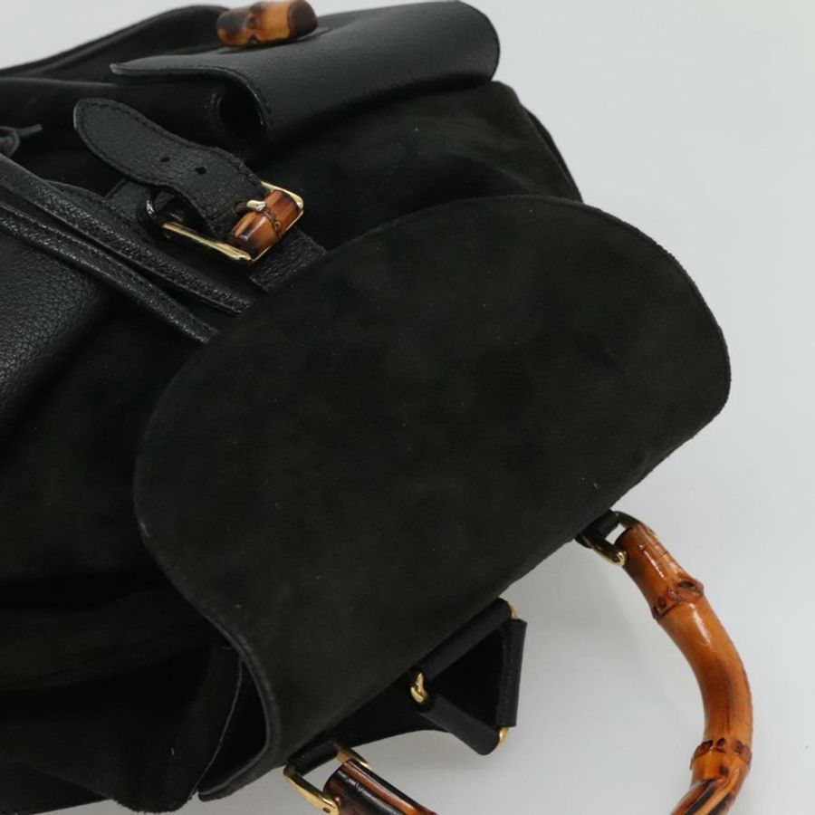 【日本直送】GUCCI 竹編雙肩包 絨面革 黑色 金色 正品 120117-5