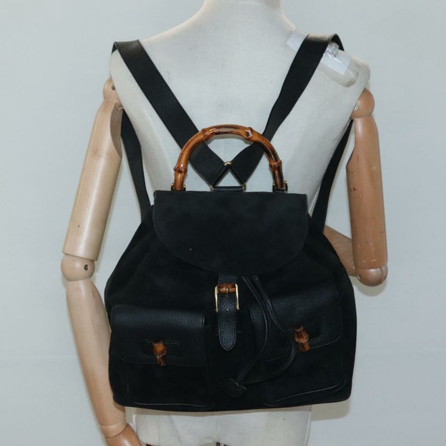 【日本直送】GUCCI 竹編雙肩包 絨面革 黑色 金色 正品 120117-25