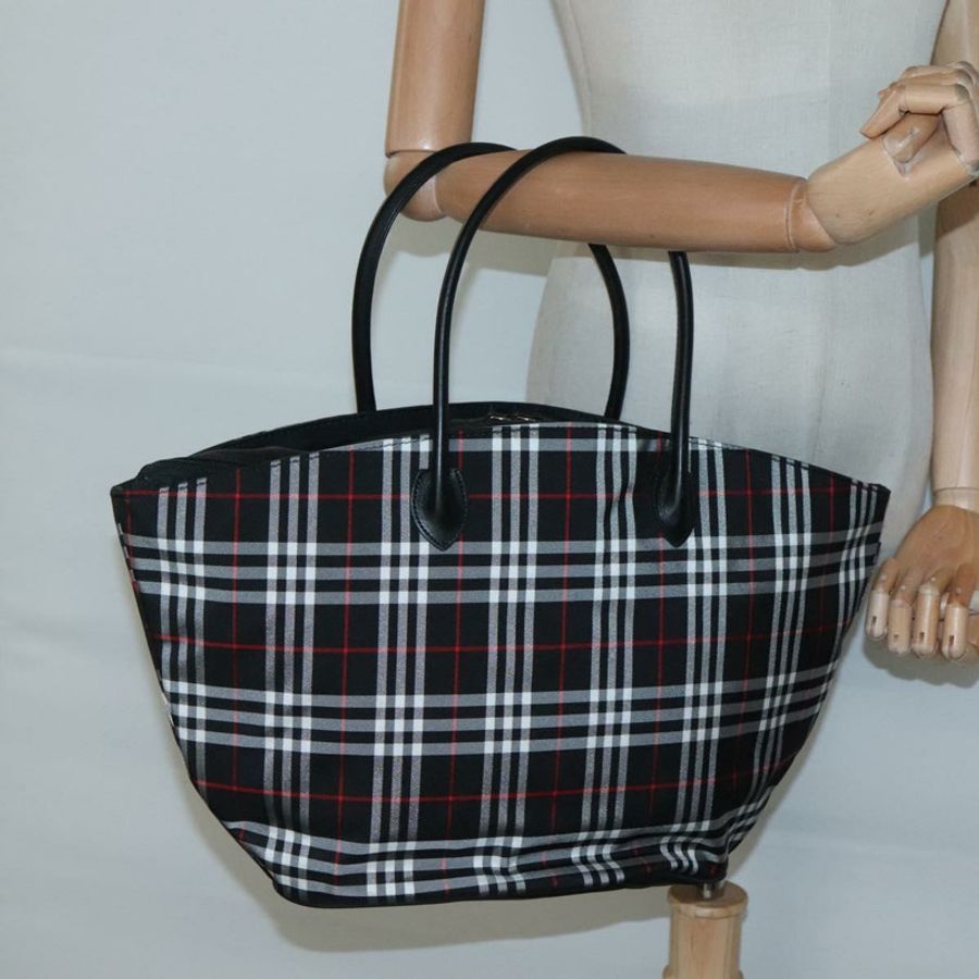 【日本直送】Burberrys Nova Check Blue Label 托特包 尼龍 黑色 銀色 Auth kk486-18