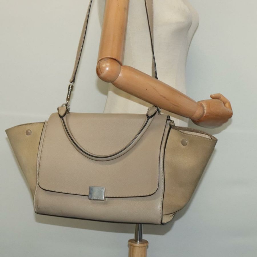 【日本直送】CELINE Trapeze 手提包 皮革 2way 米色 銀色 Auth hk2502-24