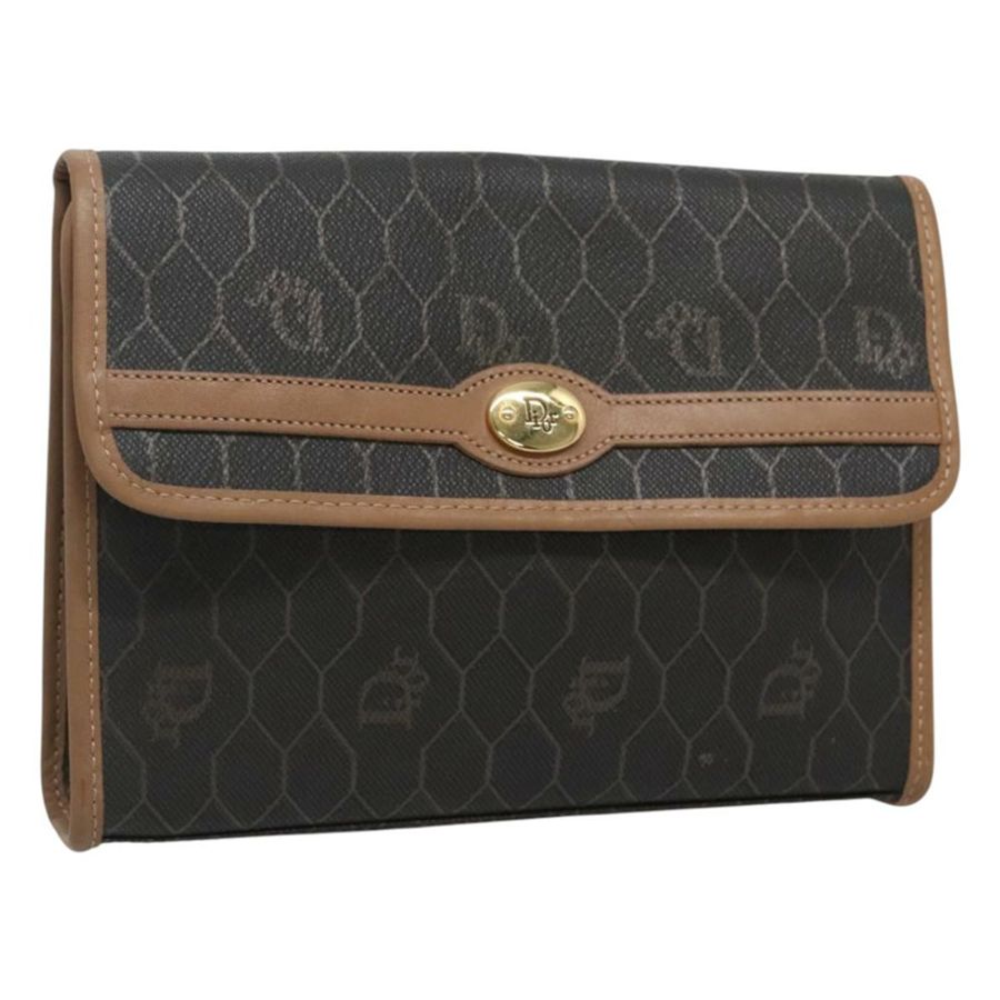 【日本直送】Christian Dior 蜂巢帆布手拿包 PVC 皮革 黑色 金色 正品 ac3813-0