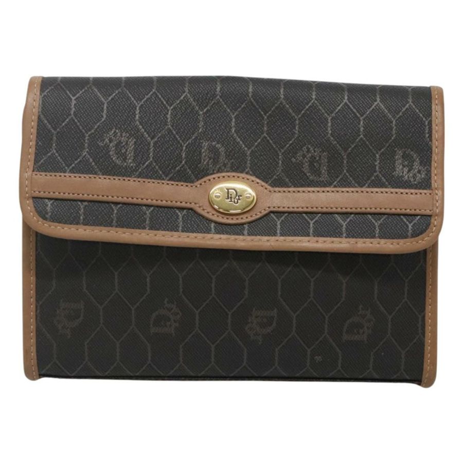 【日本直送】Christian Dior 蜂巢帆布手拿包 PVC 皮革 黑色 金色 正品 ac3813-12