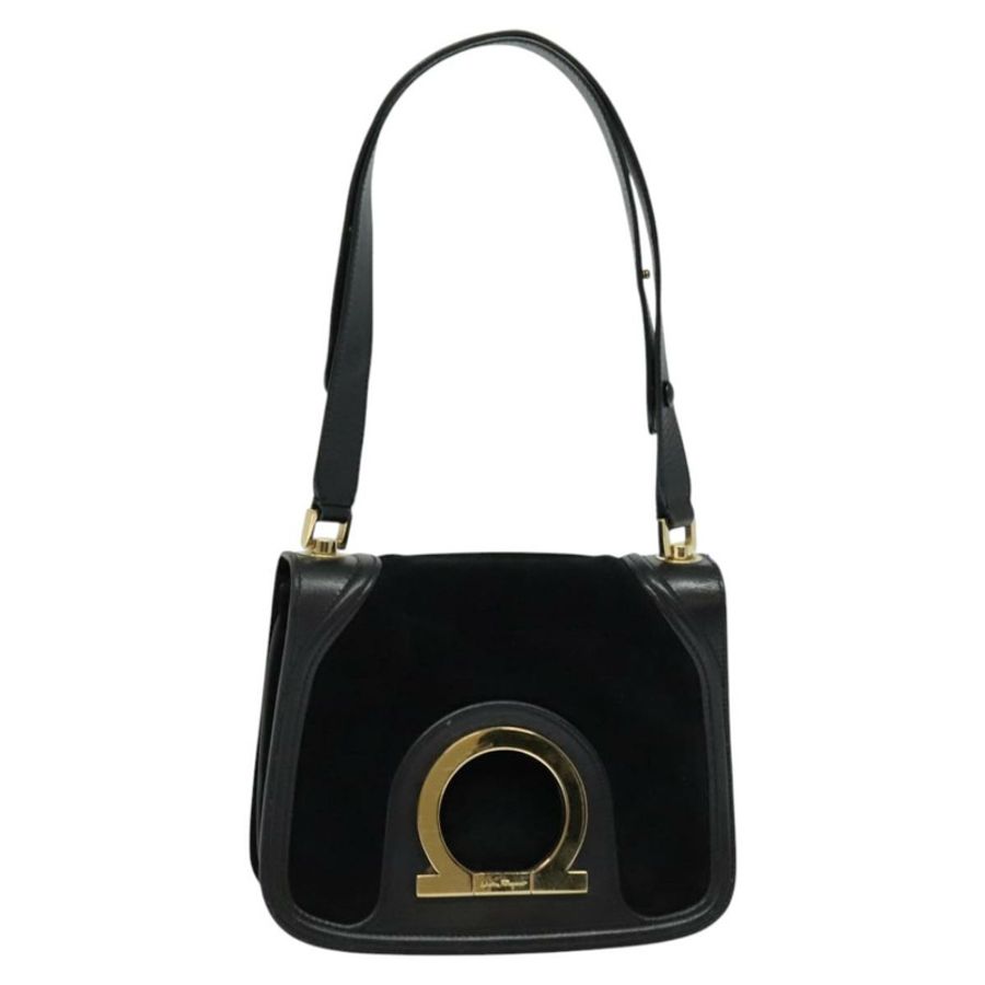 【日本直送】Salvatore Ferragamo Gancini 鏈條肩背包,黑色麂皮,金色,正品編號 120977-0