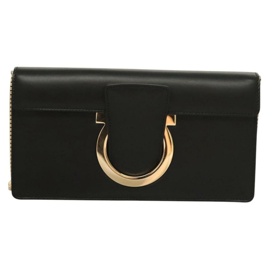 【日本直送】Salvatore Ferragamo Gancini 鏈條肩背包,黑色皮革,金色,正品,貨號 120981-12