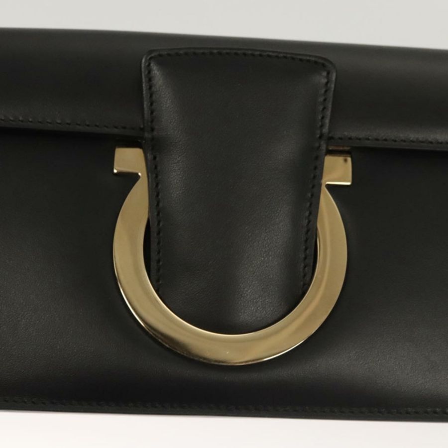 【日本直送】Salvatore Ferragamo Gancini 鏈條肩背包,黑色皮革,金色,正品,貨號 120981-16