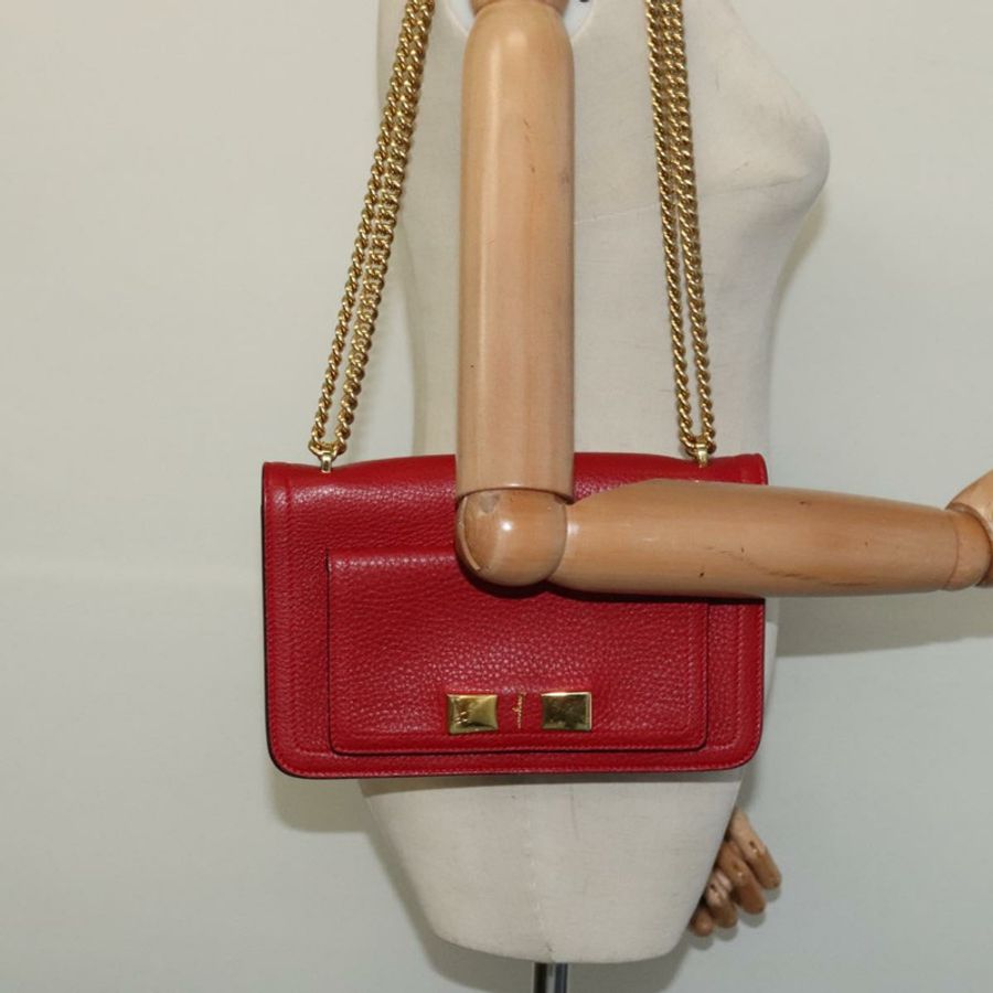 【日本直送】Salvatore Ferragamo Vala 鏈條單肩包 皮革 紅色 金色 正品 gh168-22