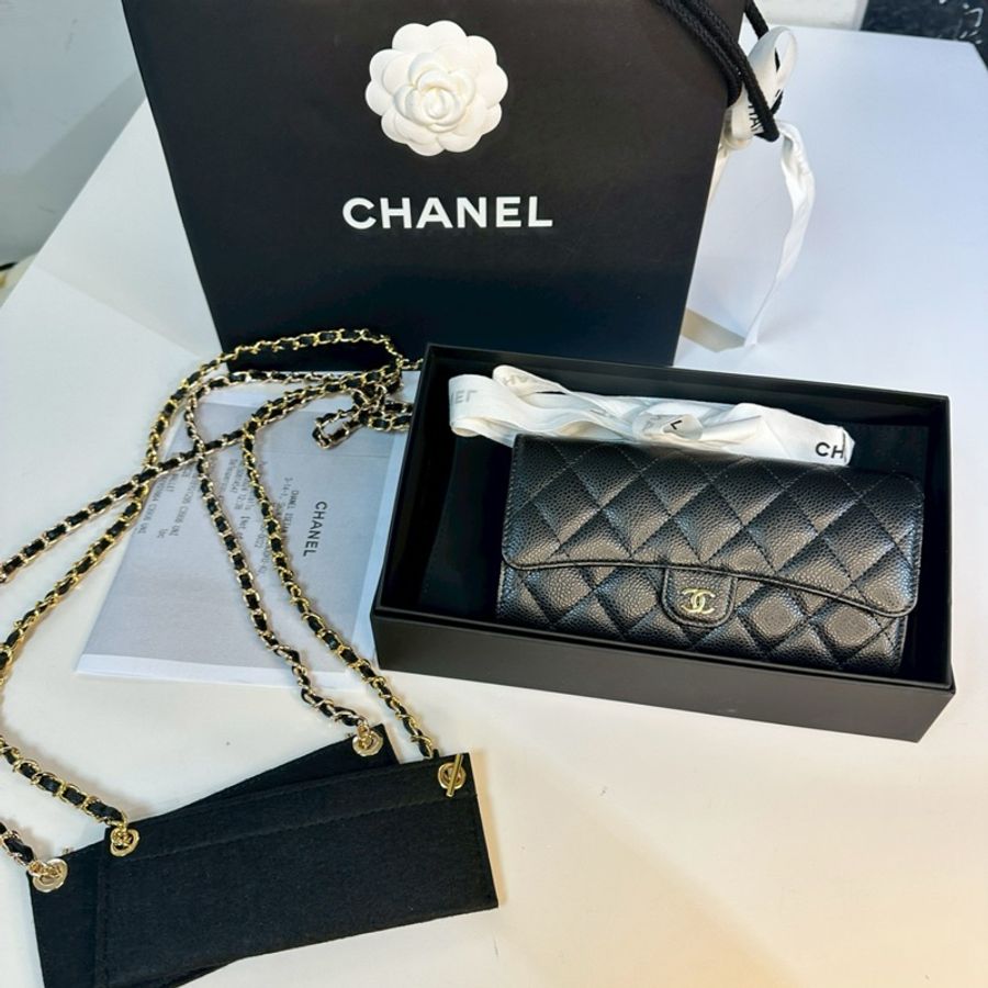 Chanel 荔枝皮翻蓋長夾 黑金-0