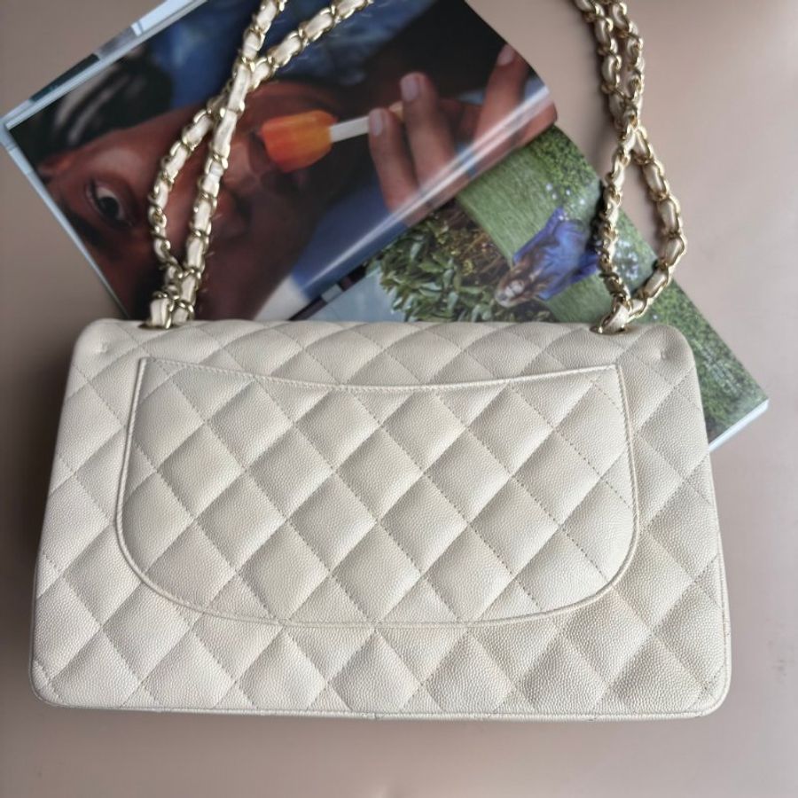 ::CHANEL:: 奶油白荔枝牛皮JUMBO 30金雙C斜背肩背口蓋鍊包-3