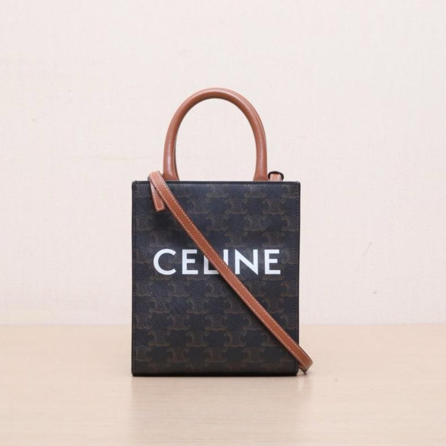 CELINE(思琳) Cabas 豎款手袋 Mini 凱旋門印花 褐色 人造革-0
