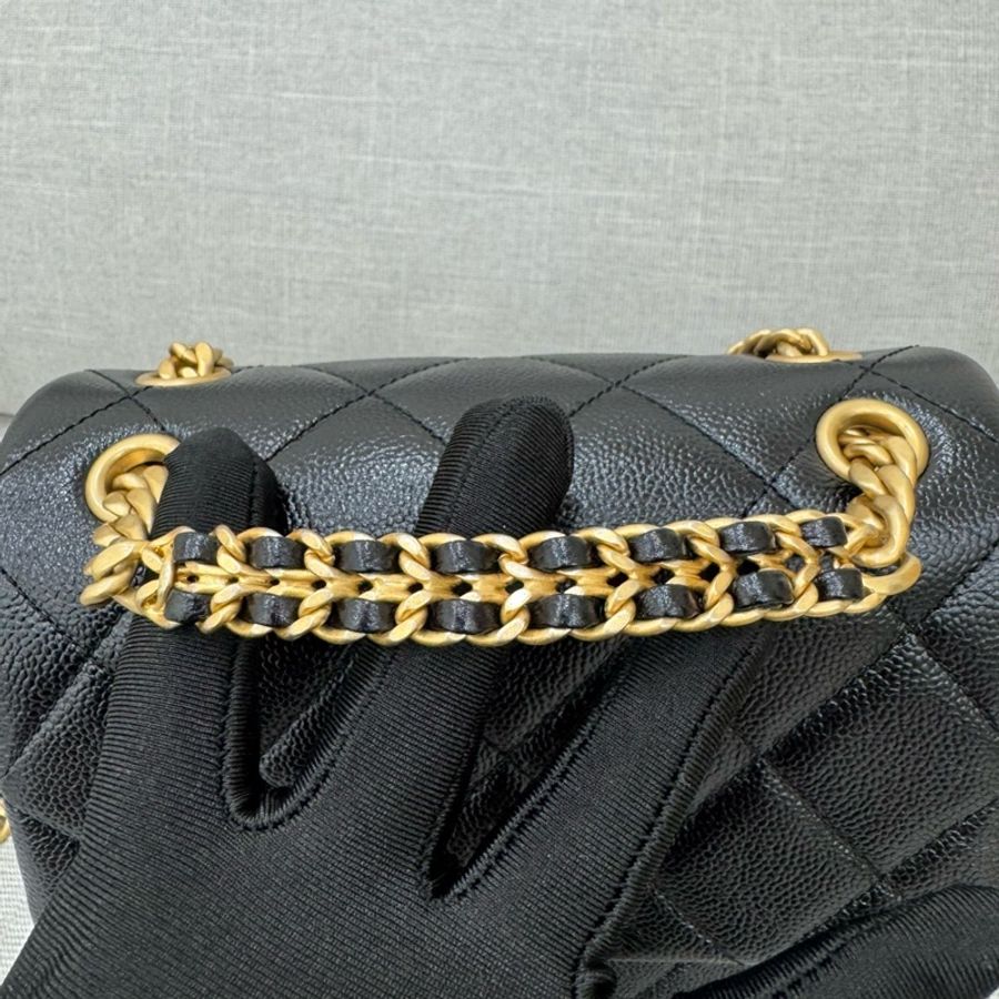香奈兒 CHANEL ado雙肩包 後背包 黑金荔枝牛皮-12