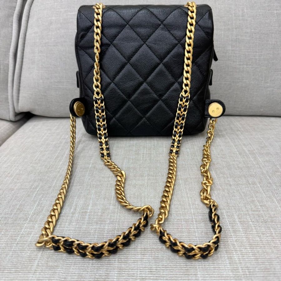 香奈兒 CHANEL ado雙肩包 後背包 黑金荔枝牛皮-21