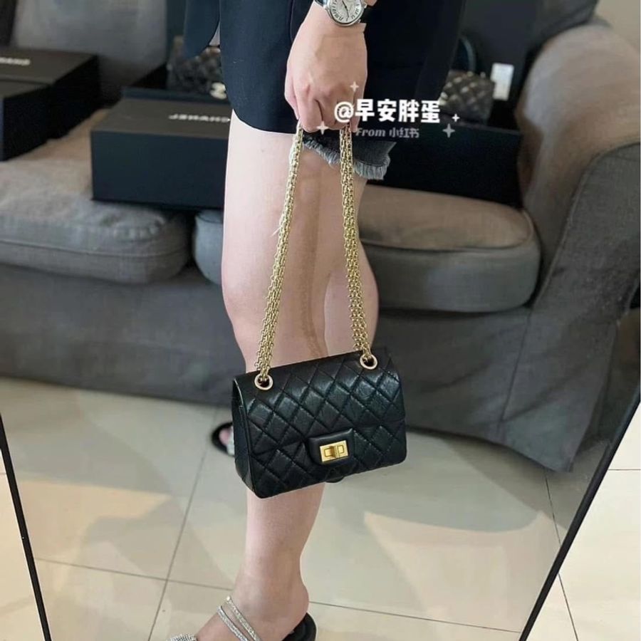 香奈兒 Chanel 2.55黑金mini 油臘牛皮 單肩背包 斜背包-4