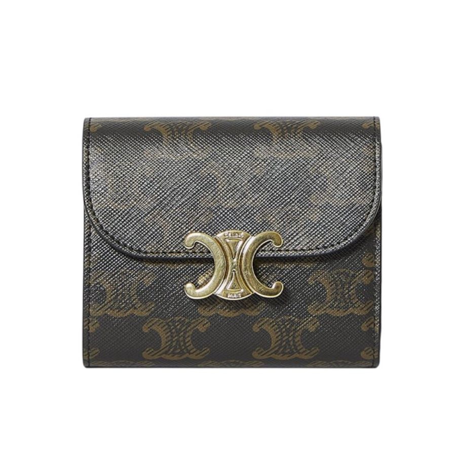 【CELINE】Triomphe 凱旋門 亮澤牛皮革 標誌印花 小號 翻蓋 零錢包 卡夾 皮夾 短夾 黃褐色 10D782CQH.04LU-0