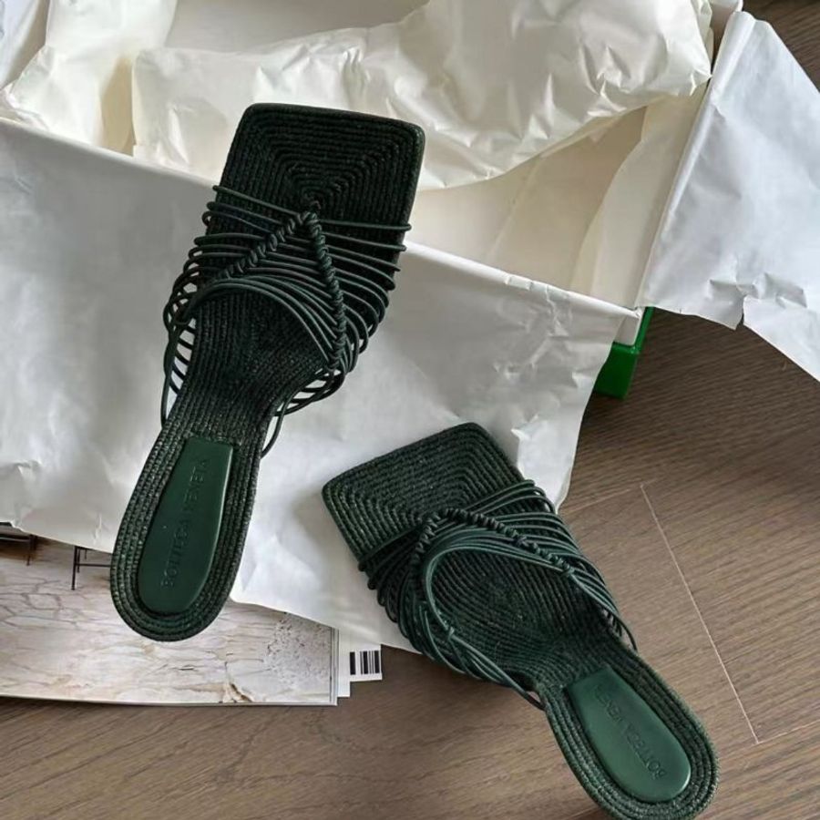 Bottega Veneta stretch編織墨綠色方頭涼鞋拖鞋 38號 跟高7cm 全新 配件塵袋盒子-3