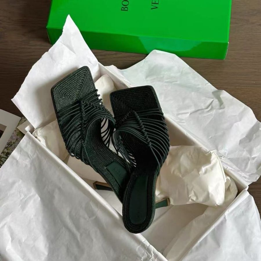 Bottega Veneta stretch編織墨綠色方頭涼鞋拖鞋 38號 跟高7cm 全新 配件塵袋盒子-4