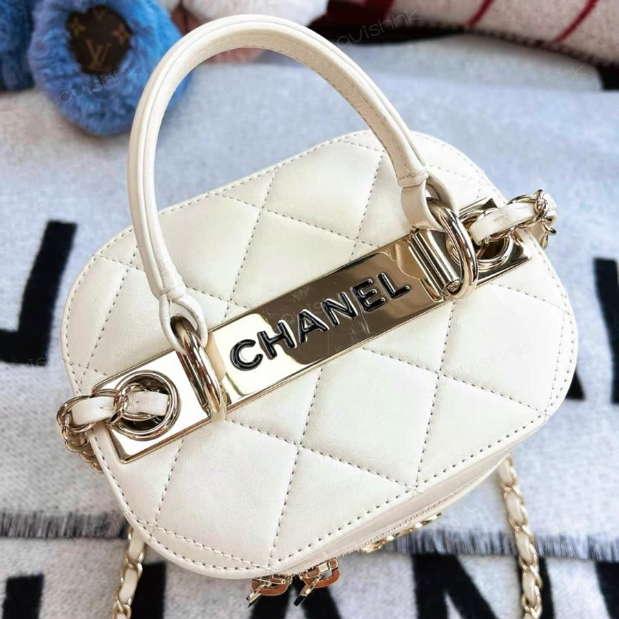Chanel白色菱格紋 手柄水桶包 斜挎包-4