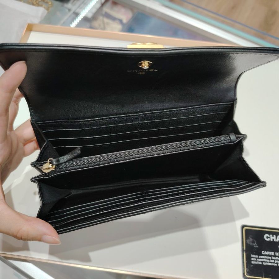 CHANEL LeBoy 黑金菱格長銀包 Black Lambskin Wallet-14