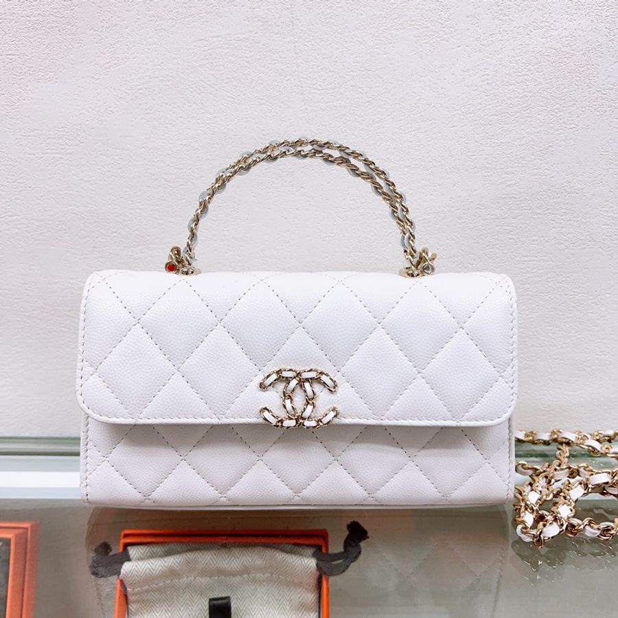 近新 Chanel 25s kelly flap 白色淡金荔枝牛皮手柄翻蓋包-0