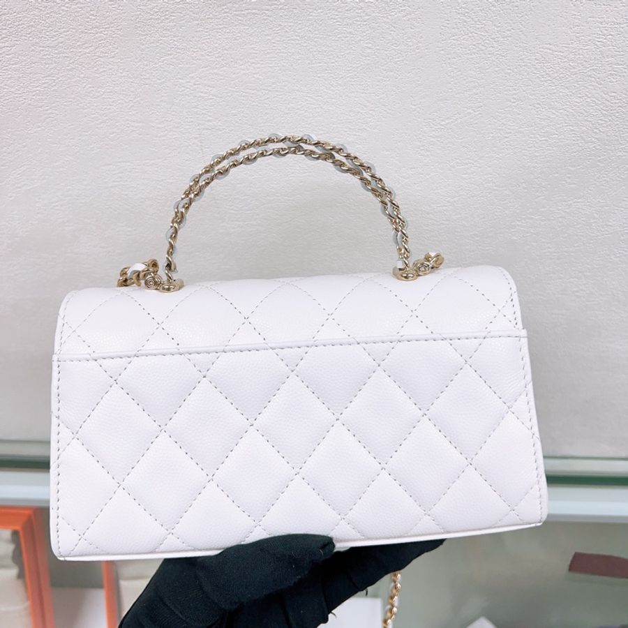近新 Chanel 25s kelly flap 白色淡金荔枝牛皮手柄翻蓋包-5