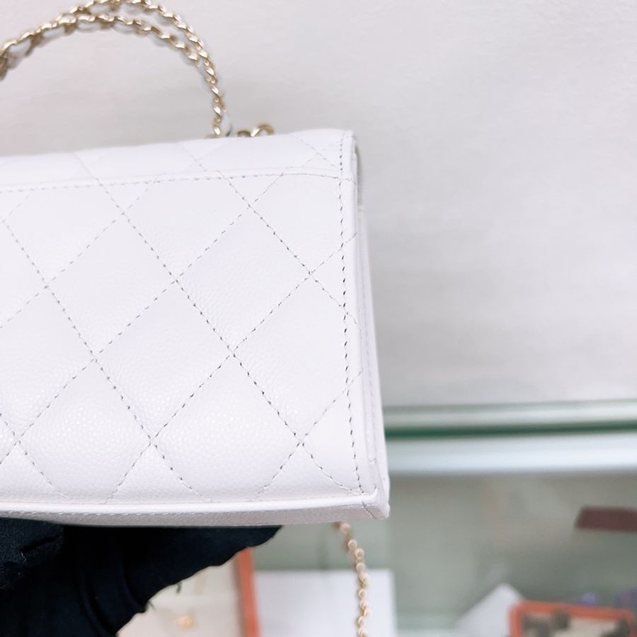 近新 Chanel 25s kelly flap 白色淡金荔枝牛皮手柄翻蓋包-6