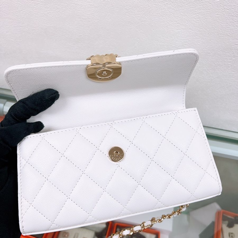 近新 Chanel 25s kelly flap 白色淡金荔枝牛皮手柄翻蓋包-8