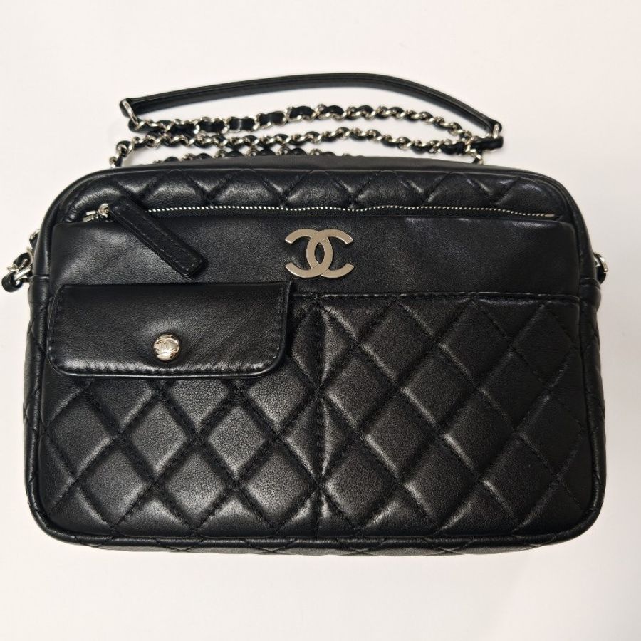 Chanel 香奈兒 皮革相機包 29開 斜背 肩背鏈條 手袋 camera bag 黑銀-0