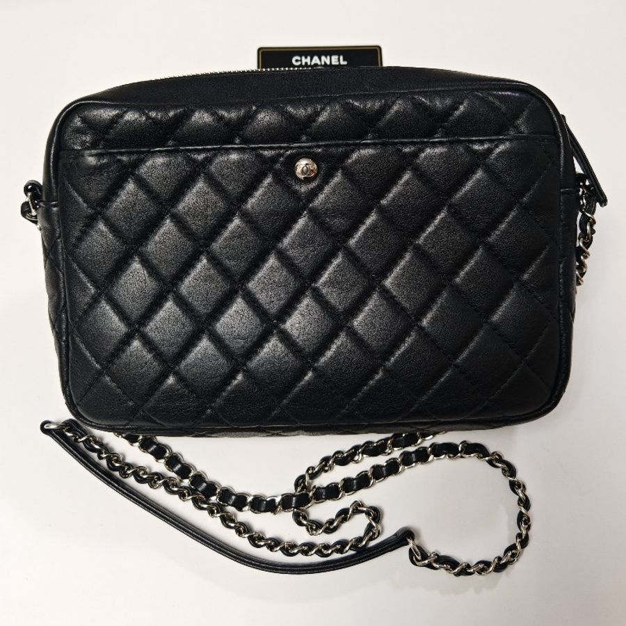 Chanel 香奈兒 皮革相機包 29開 斜背 肩背鏈條 手袋 camera bag 黑銀-1