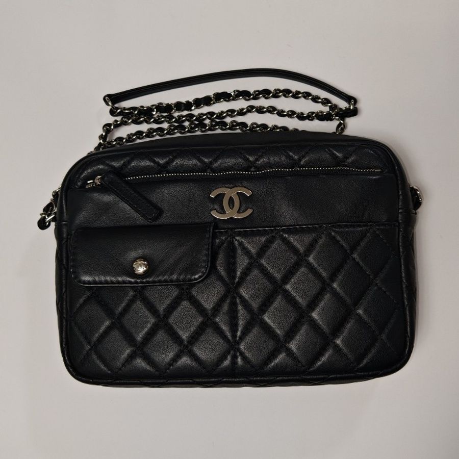 Chanel 香奈兒 皮革相機包 29開 斜背 肩背鏈條 手袋 camera bag 黑銀-7