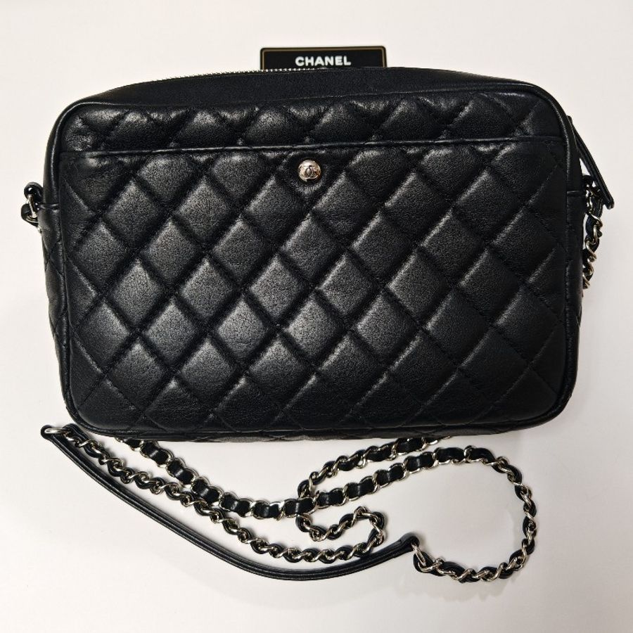 Chanel 香奈兒 皮革相機包 29開 斜背 肩背鏈條 手袋 camera bag 黑銀-8