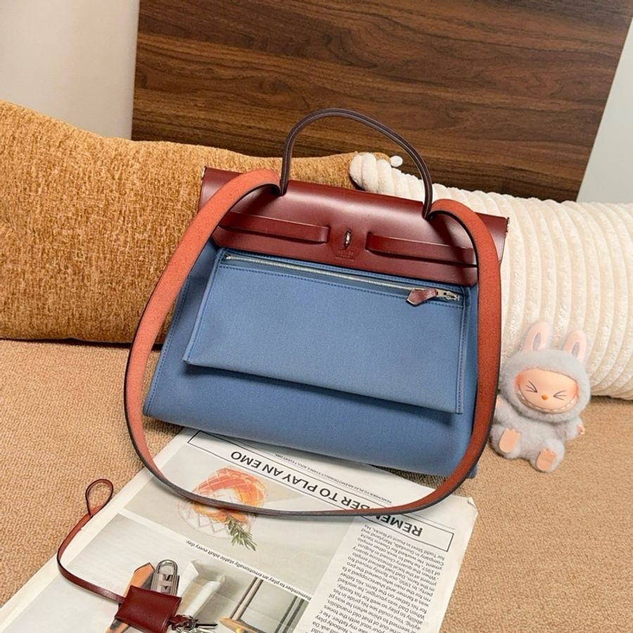 【近新閒置品】Hermes愛馬仕 X刻瑪瑙藍拼馬鞍紅牛皮herbag31 手提斜背包-1