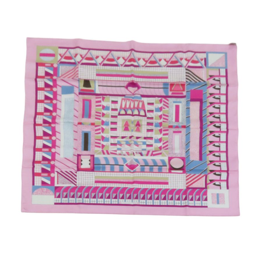 粉紅系幾何圖形絲質方巾 90X90-1