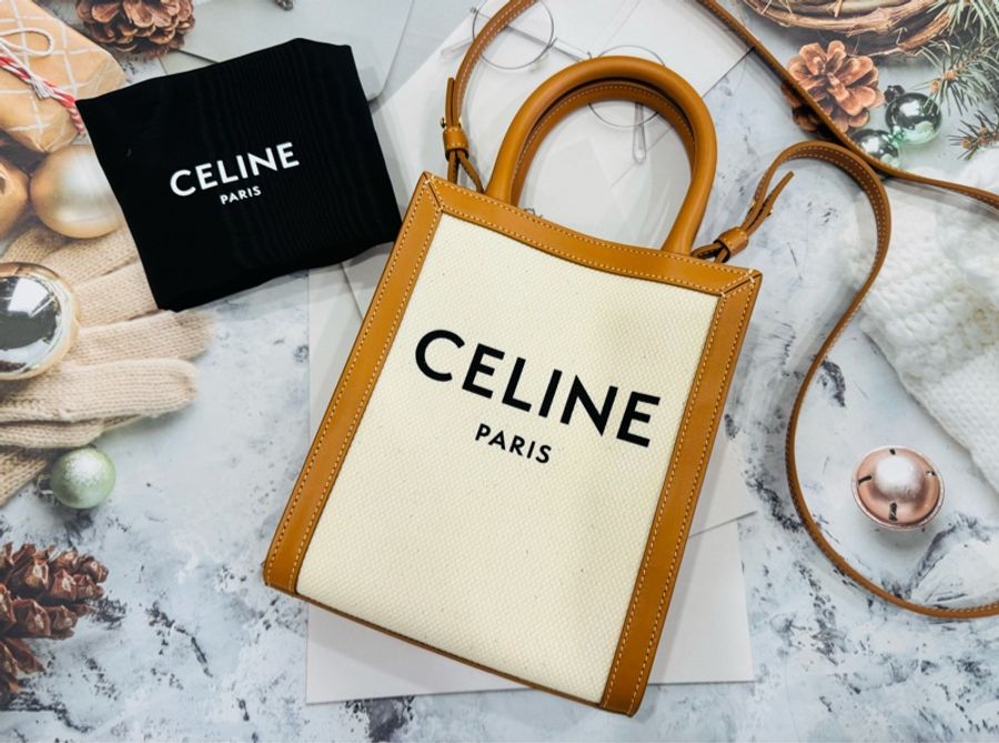 全新CELINECABAS琴譜包 白色帆布棕色皮革MINI-1