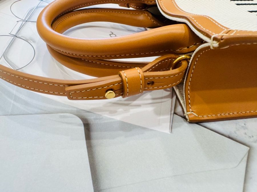 全新CELINECABAS琴譜包 白色帆布棕色皮革MINI-10