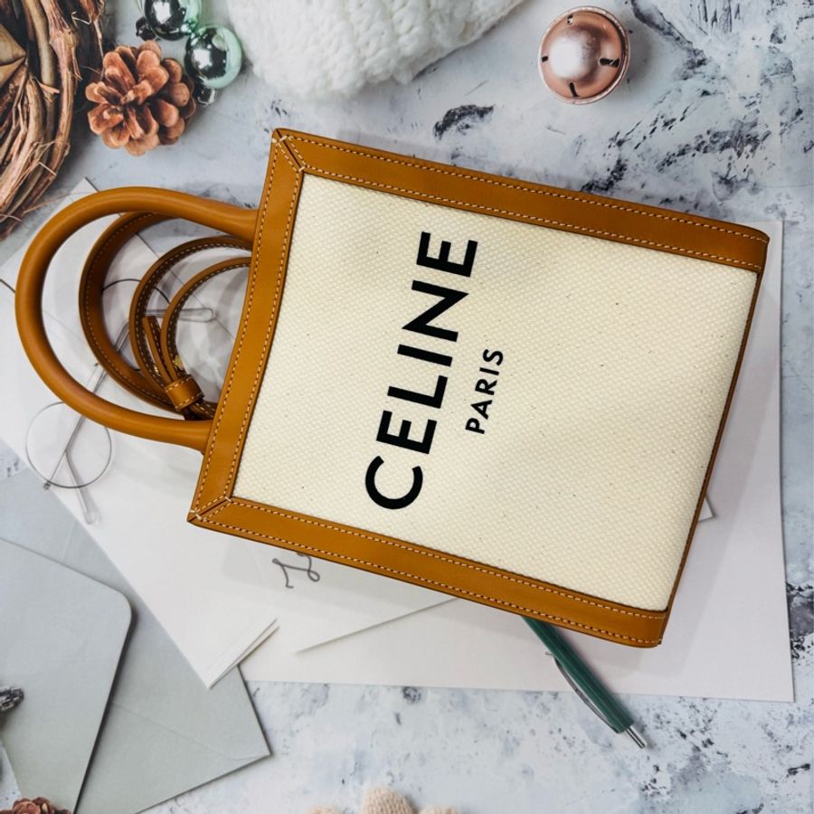 全新CELINECABAS琴譜包 白色帆布棕色皮革MINI-18