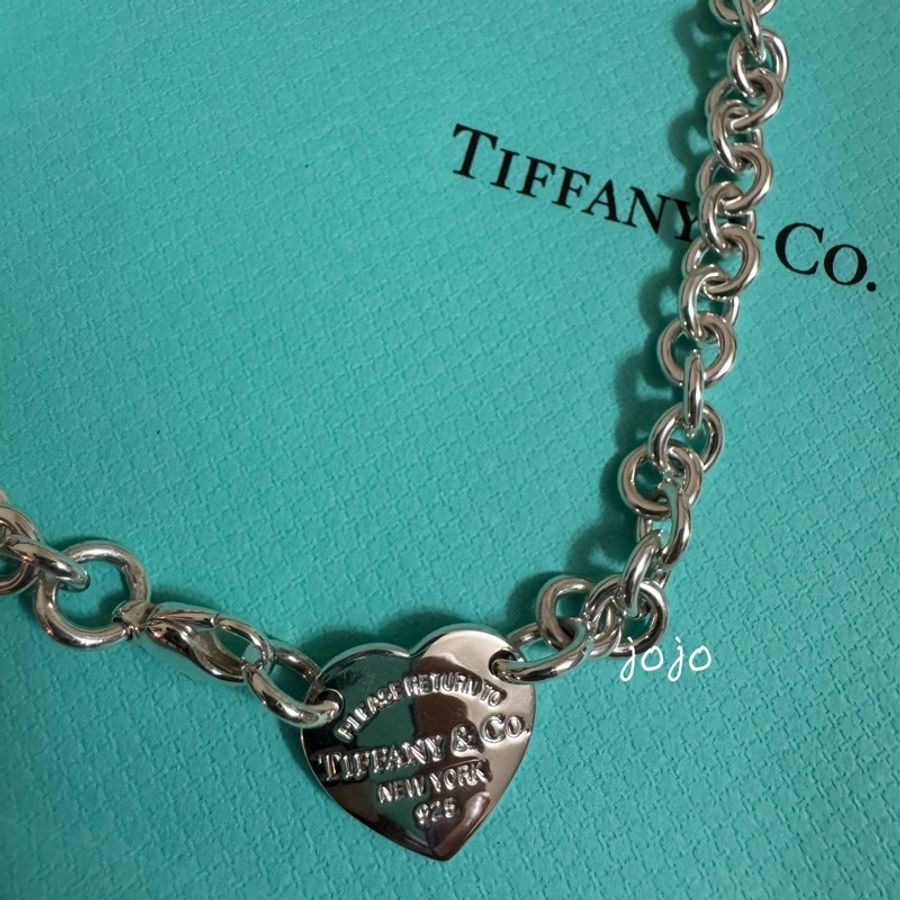 TIFFANY ＆ CO 925純銀 愛心牌 心型 三排刻字款項鍊/雙圈手鍊-0