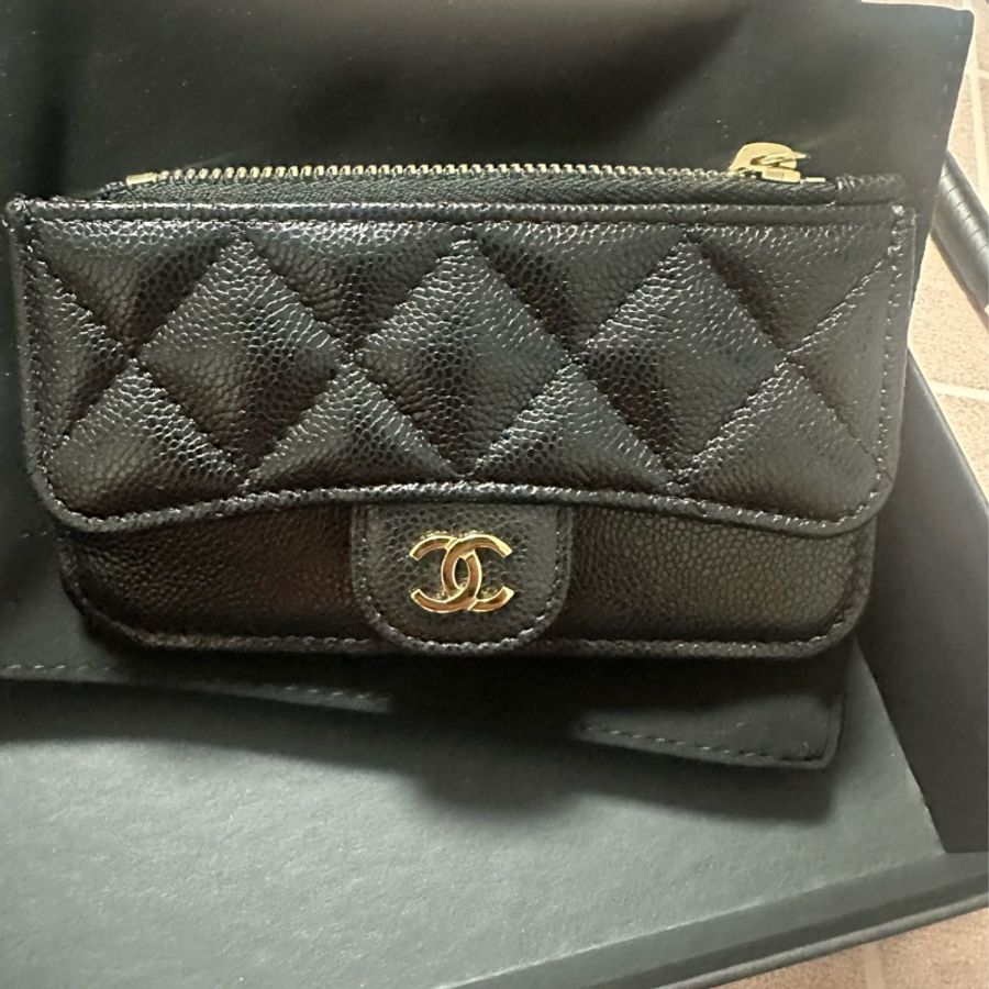 Chanel 香奈兒cf黑金荔枝牛皮卡零錢包 全新品-0