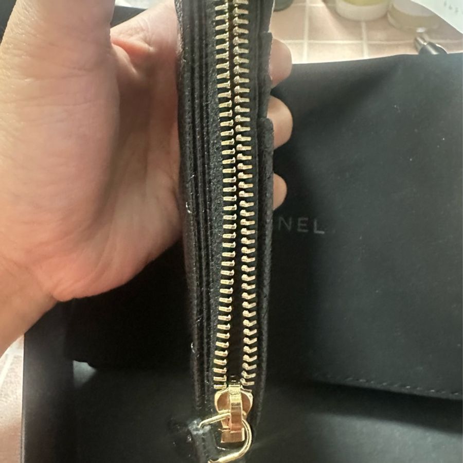 Chanel 香奈兒cf黑金荔枝牛皮卡零錢包 全新品-2