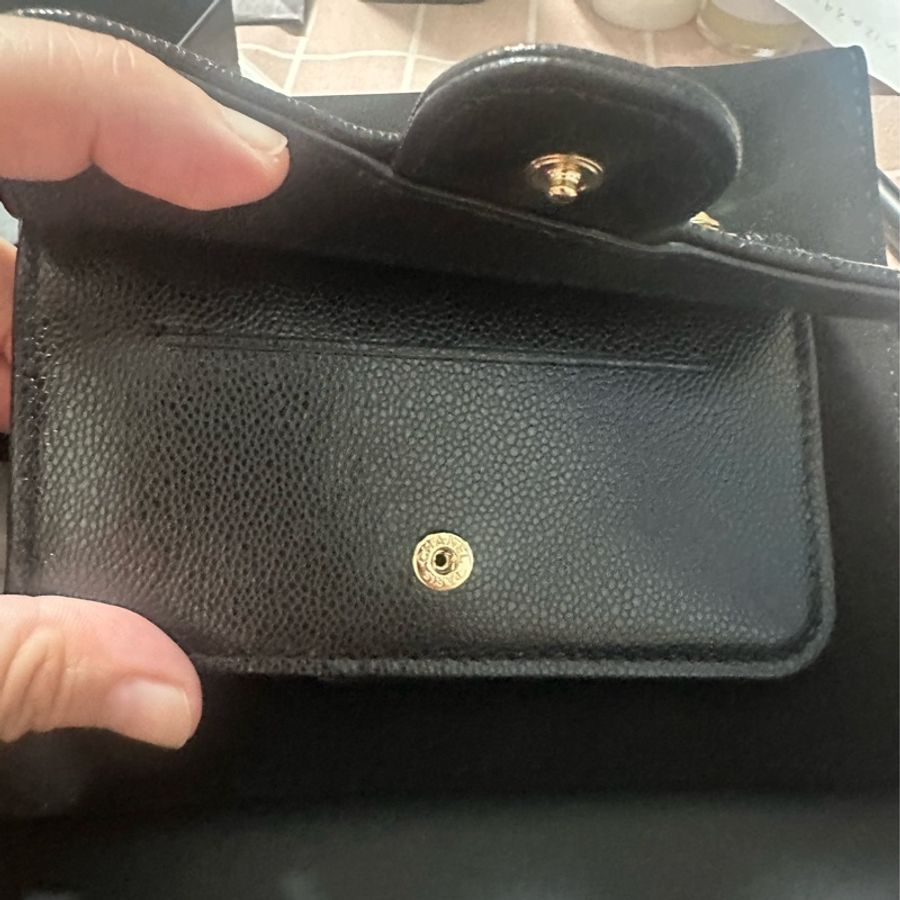 Chanel 香奈兒cf黑金荔枝牛皮卡零錢包 全新品-3