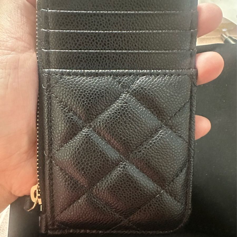 Chanel 香奈兒cf黑金荔枝牛皮卡零錢包 全新品-6