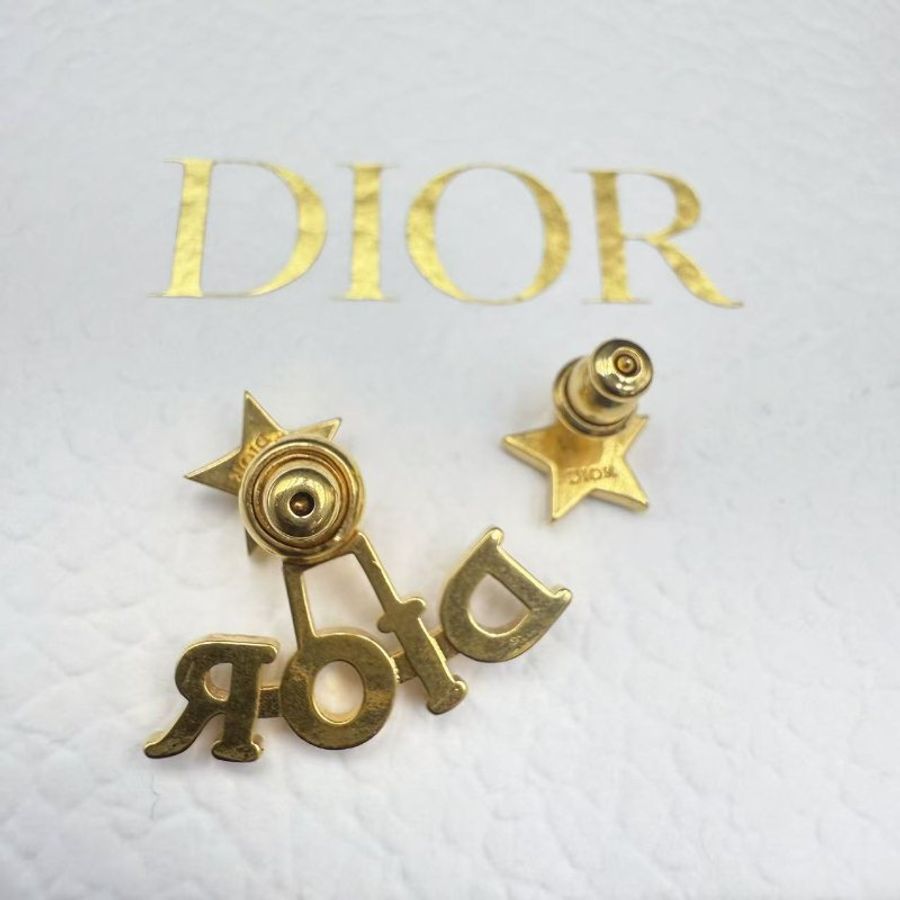 Dior 耳環 星星字母水鑽耳釘 金色 不對稱設計-2