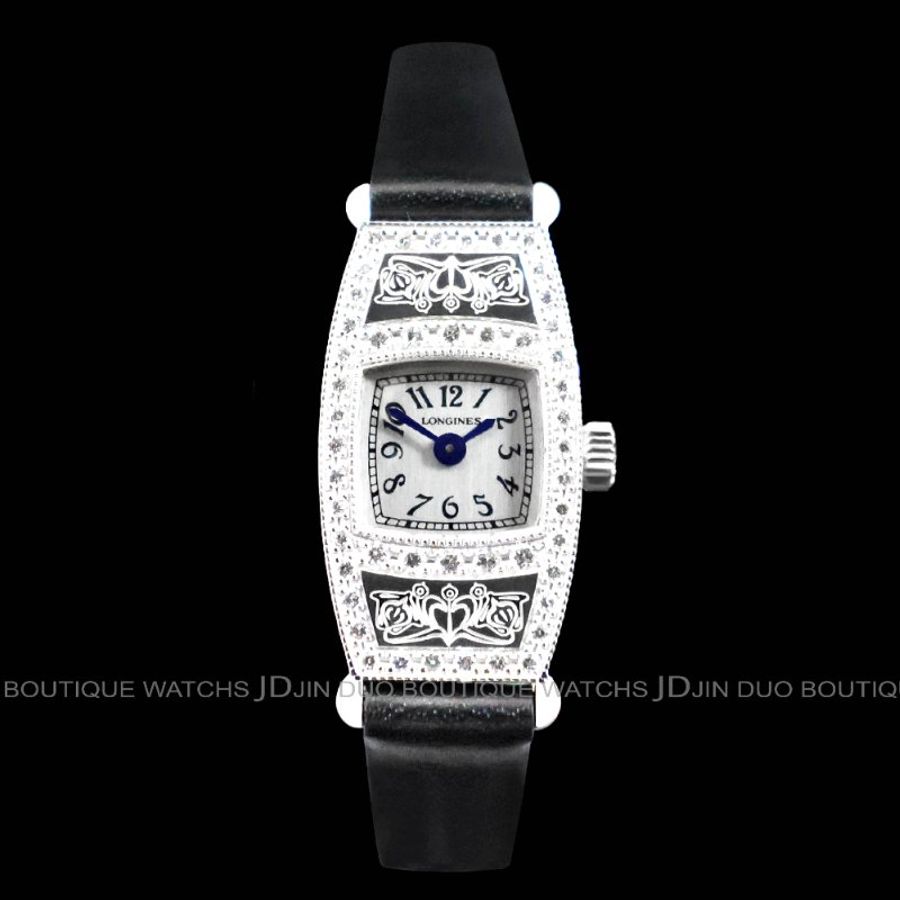 金鐸精品~2449 LONGINES 浪琴 Les Elégantes系列複刻款18白K金酒桶形手動上鍊女用鑽錶-0